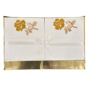 Vintage Riegel Combed Percale Pillowcase Set White Gold Rose Embroidered 2pc NIB